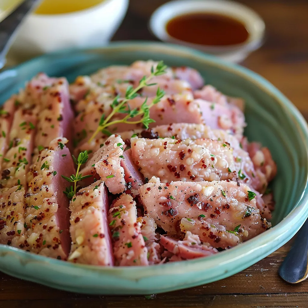 A plate of meat with herbs on top.