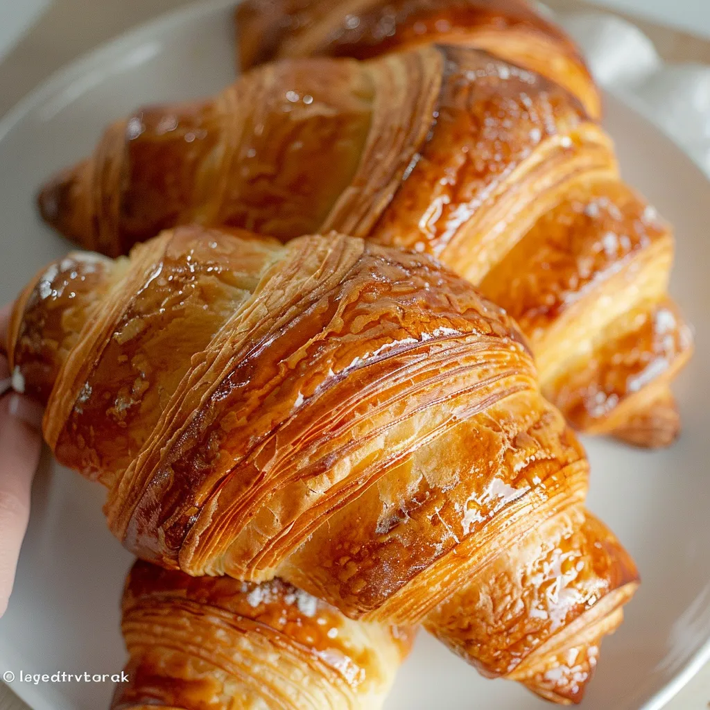 Two croissants on a plate, with one closer up and the other further back.
