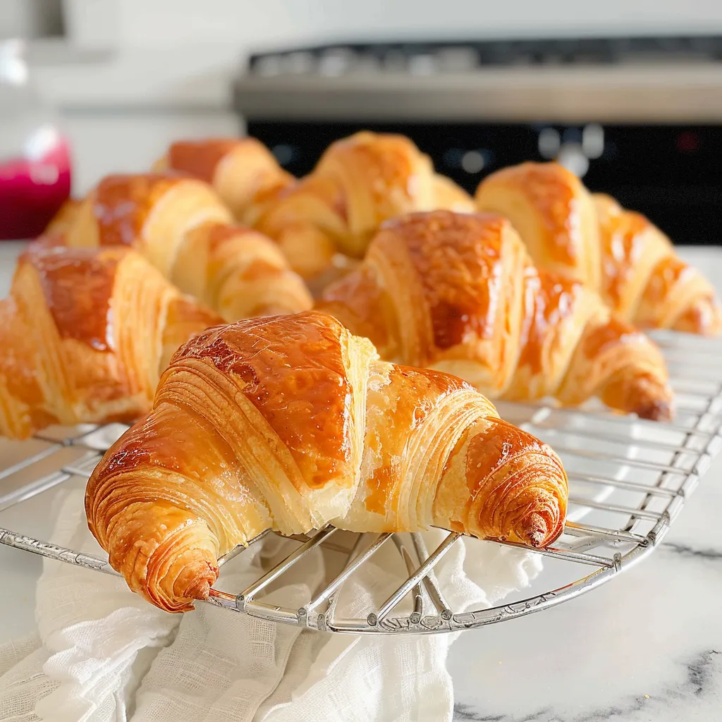 Freshly baked croissants arranged on a wooden tray.