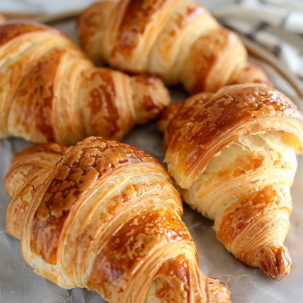 Golden croissants with shiny tops displayed on a white ceramic plate.