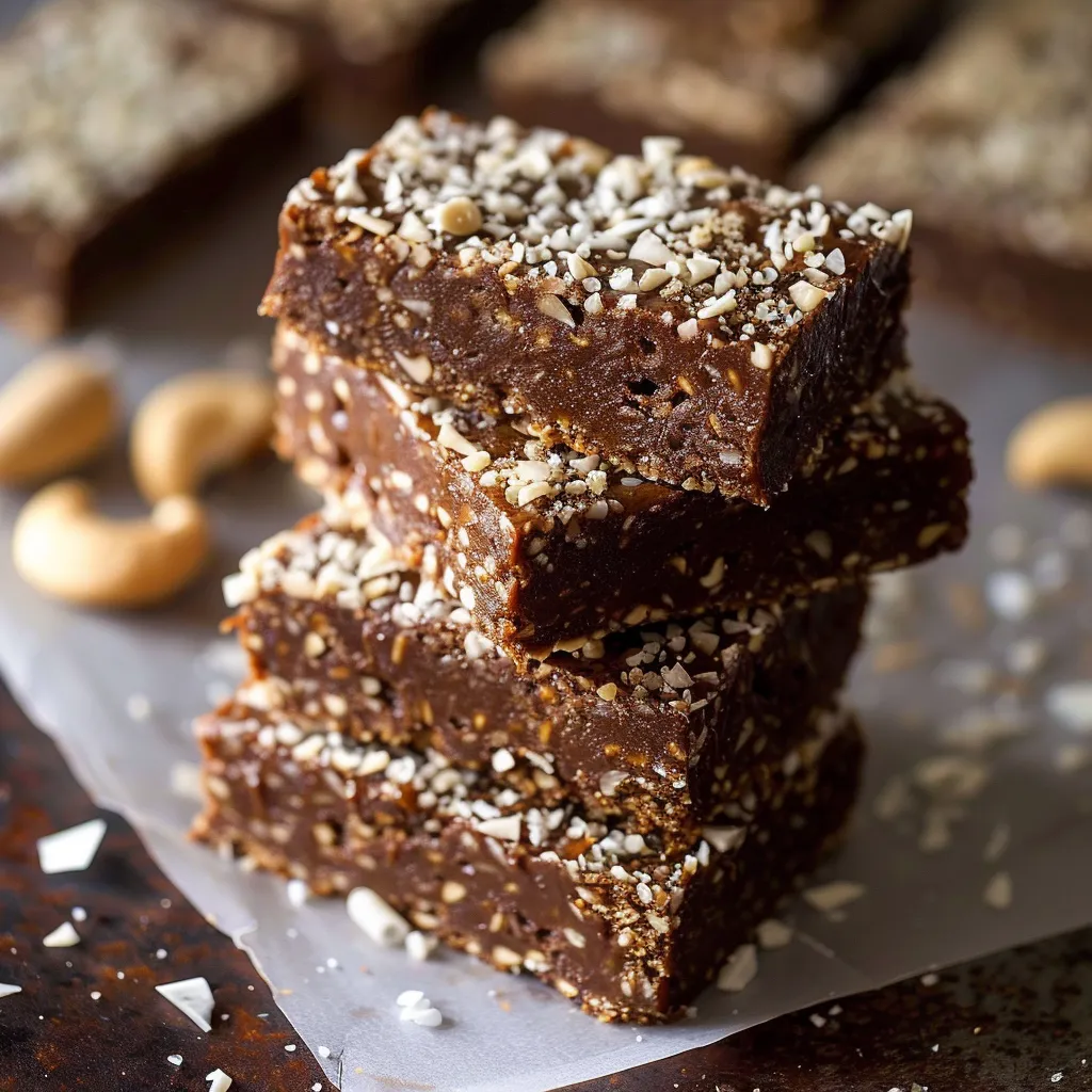 A stack of brownies with nuts on top.