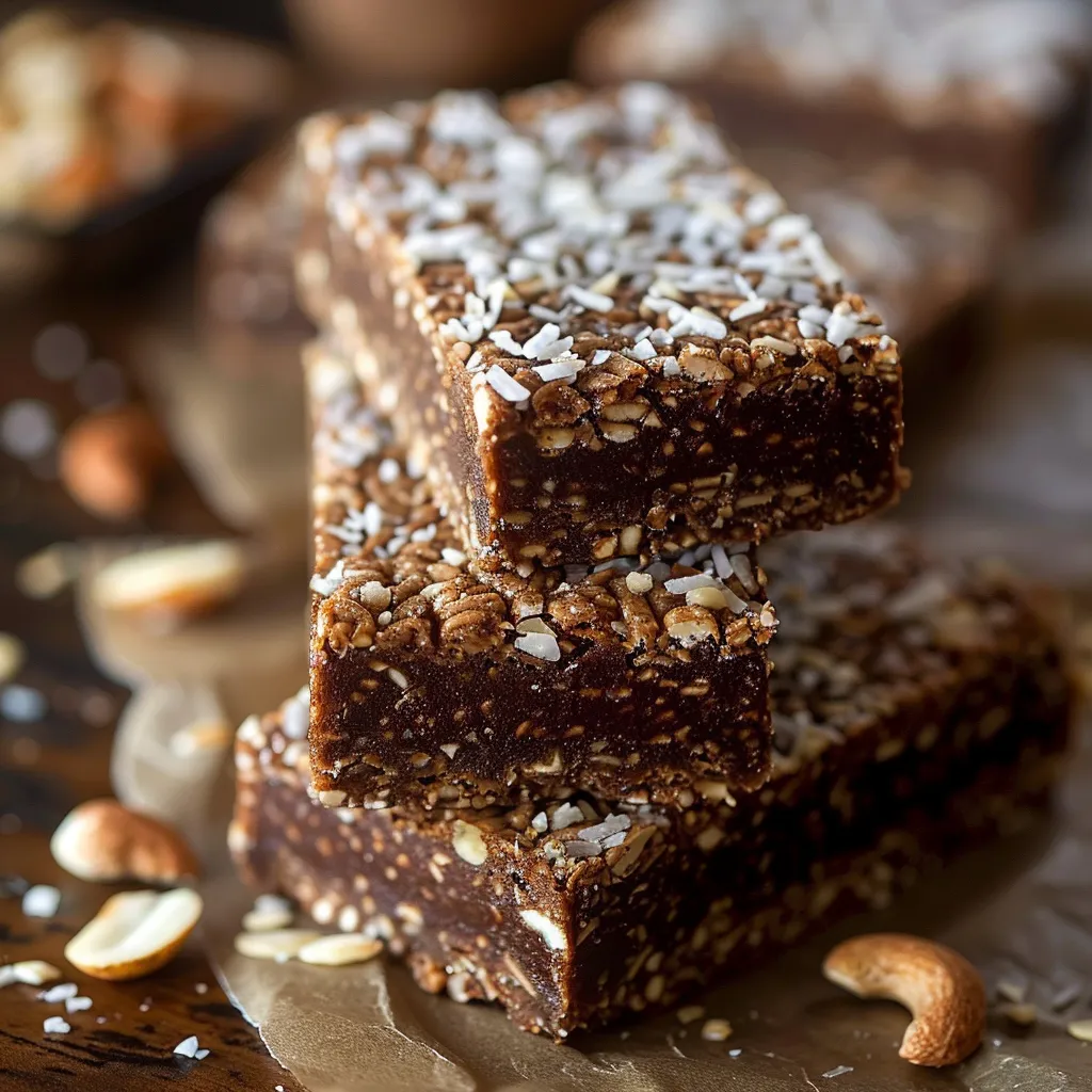 A stack of brownies with almonds on top.