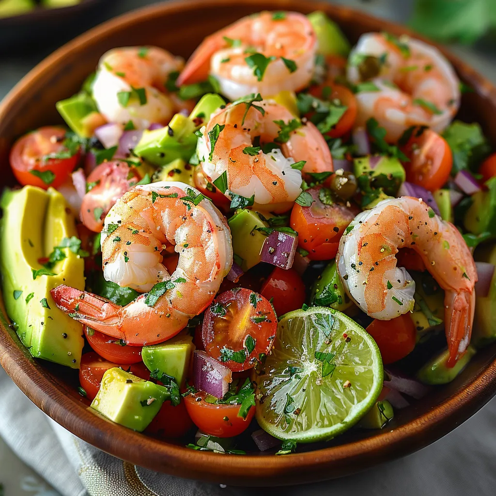 Juicy shrimp salad with avocado, lime, and veggies in a bowl.
