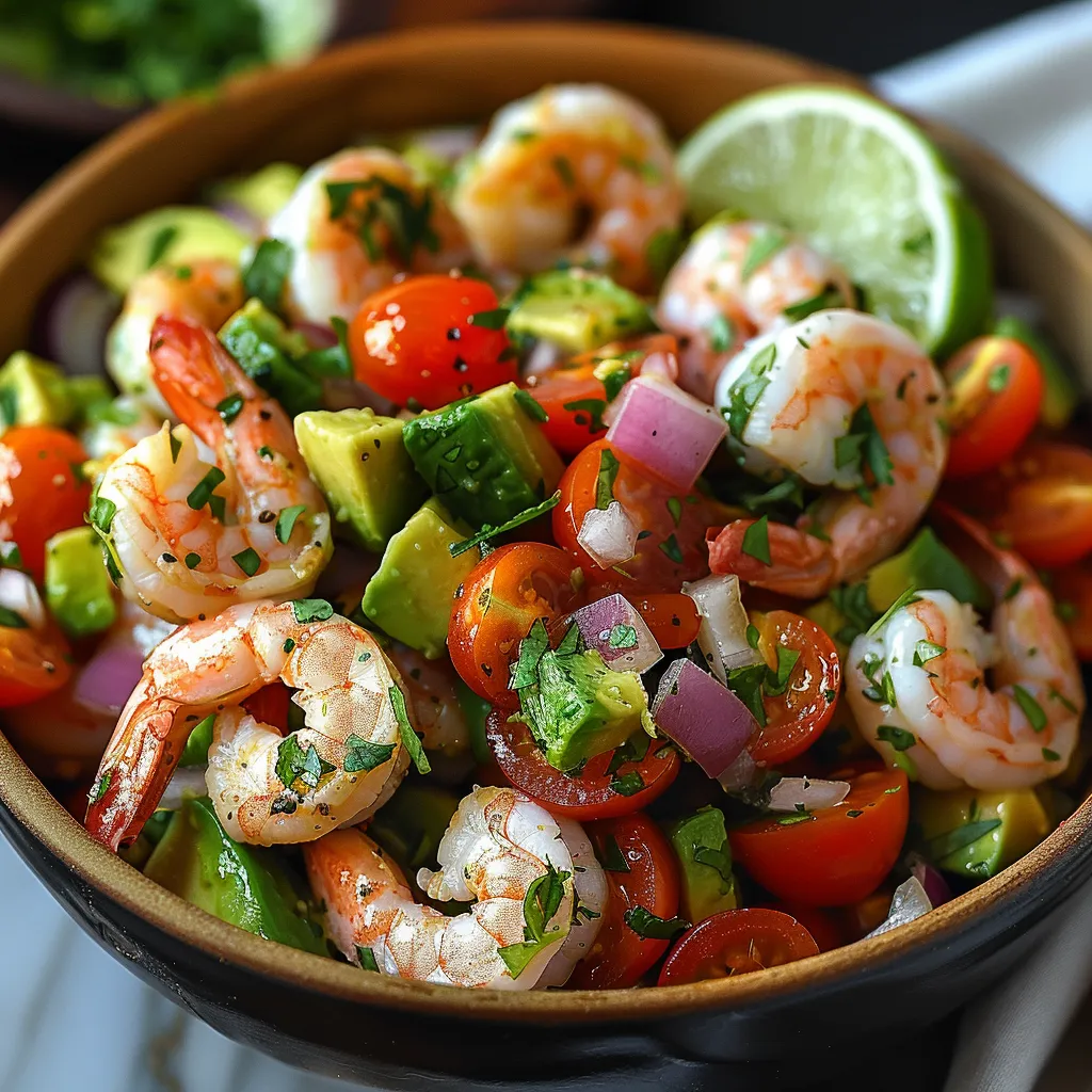 A bowl of shrimp salad with tomatoes, onions, and limes.