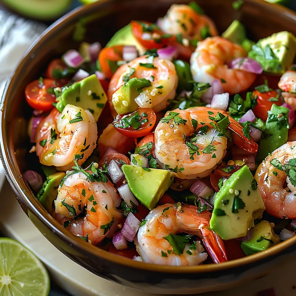 A bowl of shrimp and vegetables, including avocado, tomatoes, and onions, sits on a table.