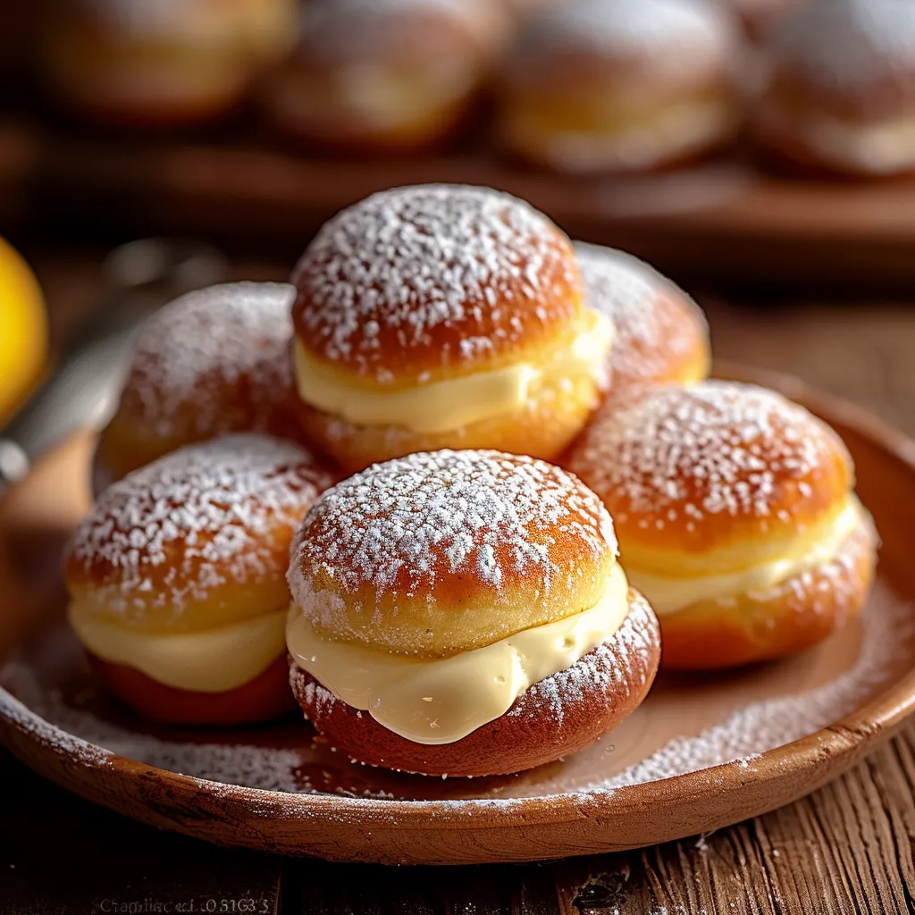 A stack of donuts dusted with powdered sugar and oozing filling.