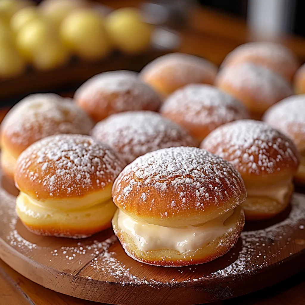 A plate of doughnuts with powdered sugar on top.