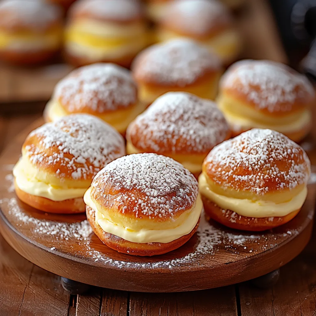 A wooden platter with a dozen powdered donuts.