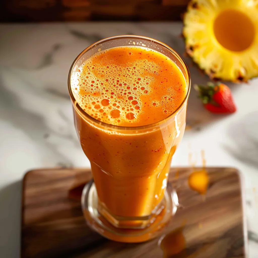 A glass of orange juice with a slice of pineapple on the side.