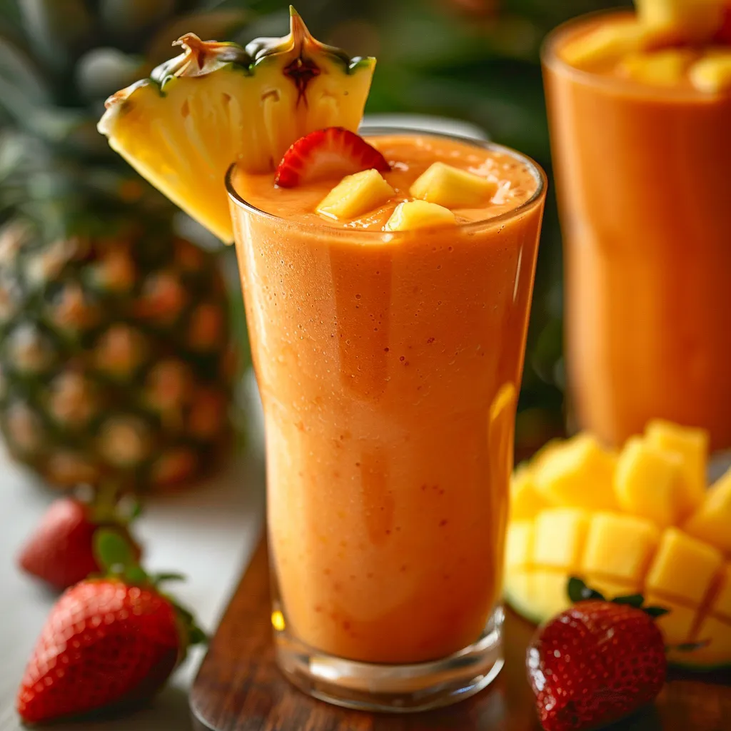 A glass of pineapple juice with a pineapple wedge on top.