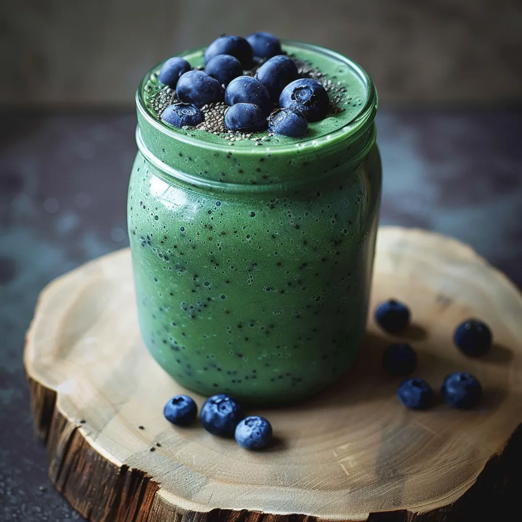 A jar of green smoothie with blueberries on top.