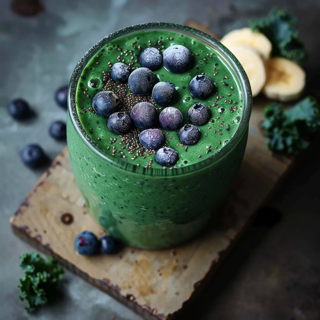 A green smoothie with blueberries and bananas.