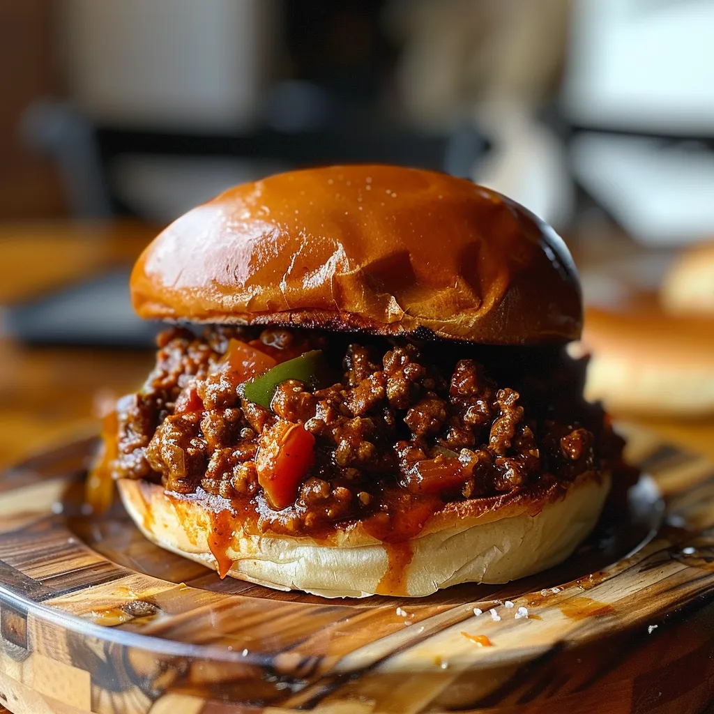 A tasty sloppy joe burger on a wooden table.