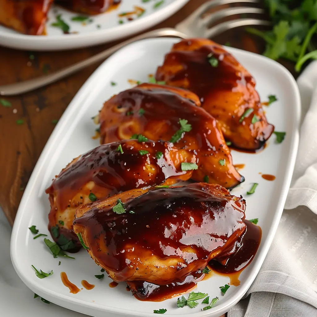 Two pieces of chicken with sauce on a white plate.