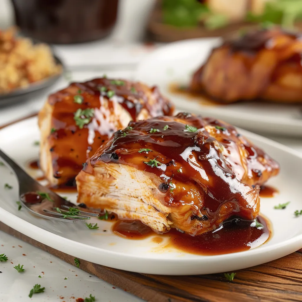 A plate with BBQ-coated chicken pieces.