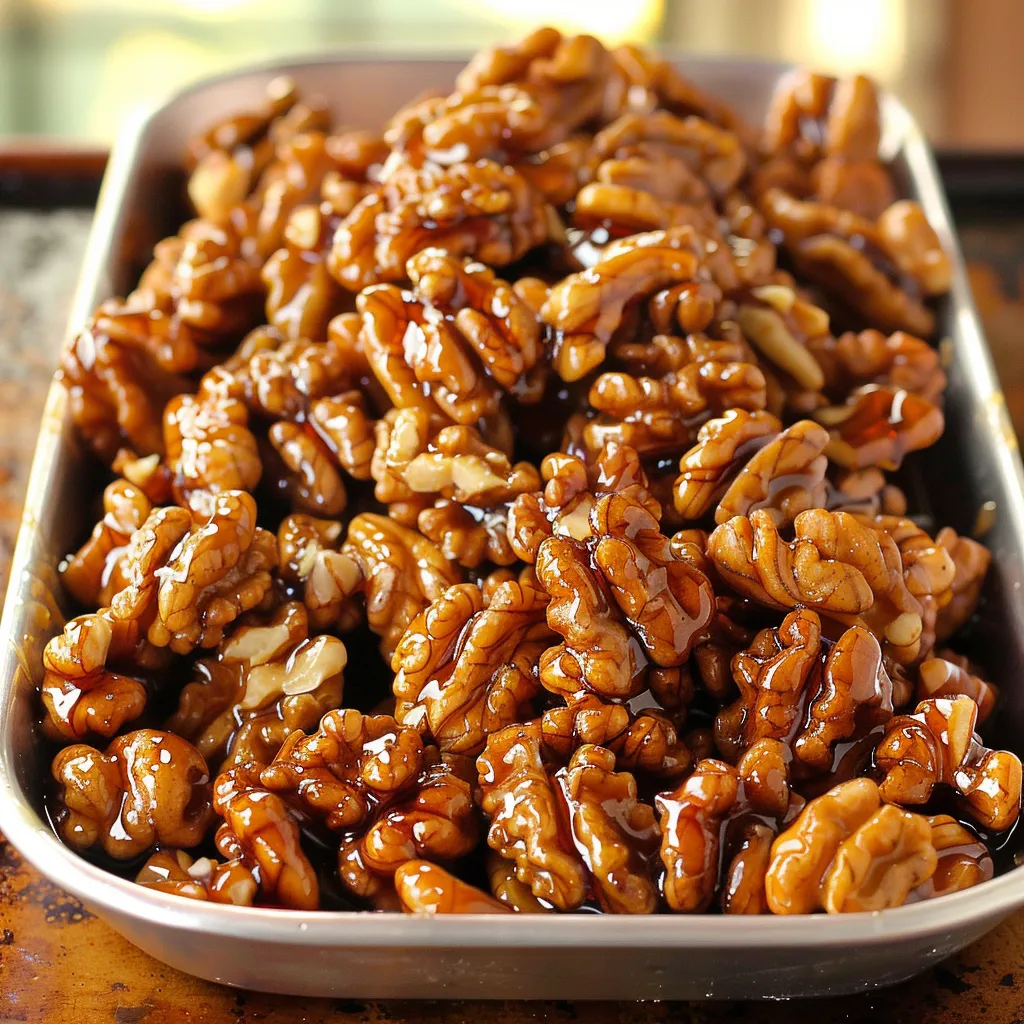 A pan of walnuts with a syrup sauce.