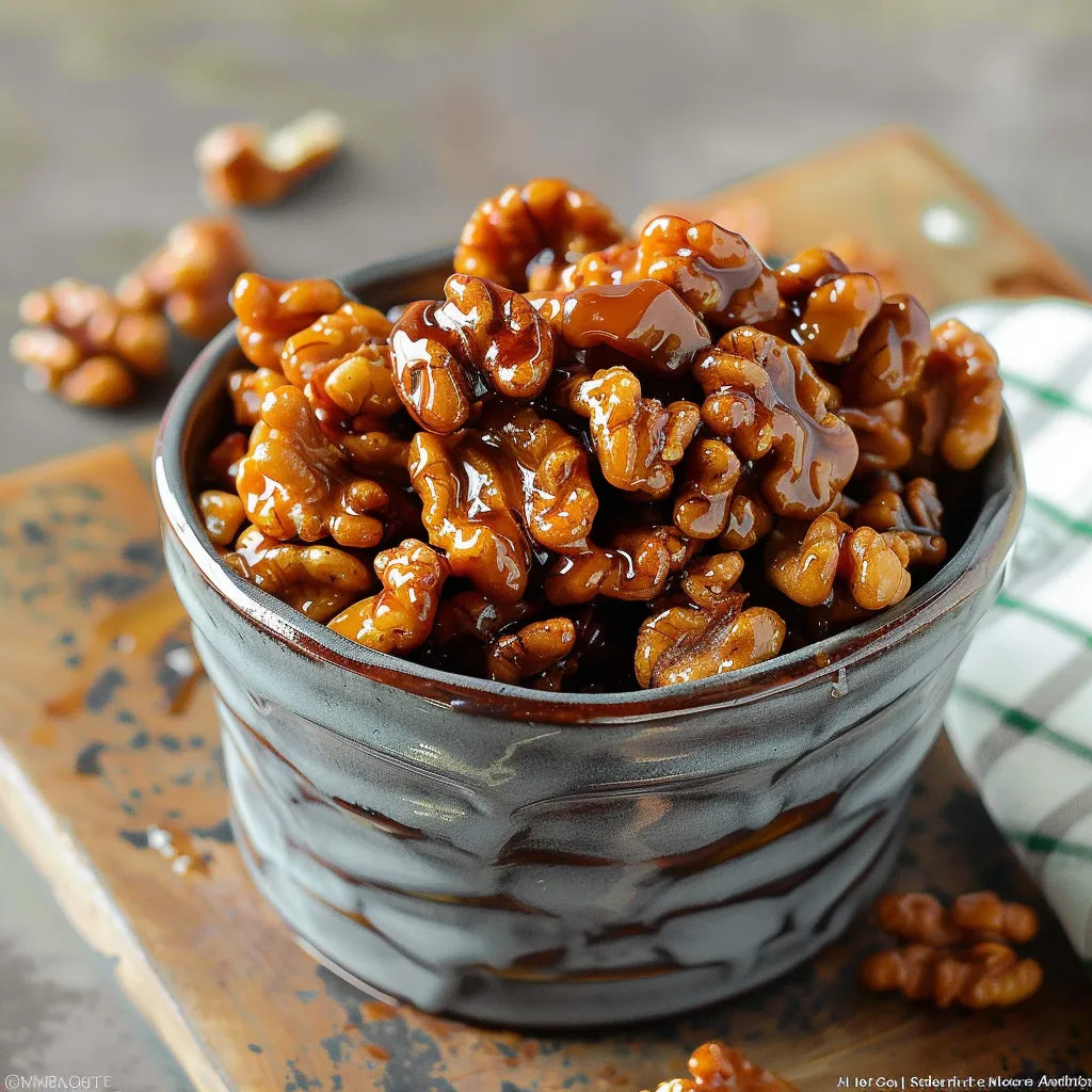 A bowl of walnuts with a brown sauce on a table.