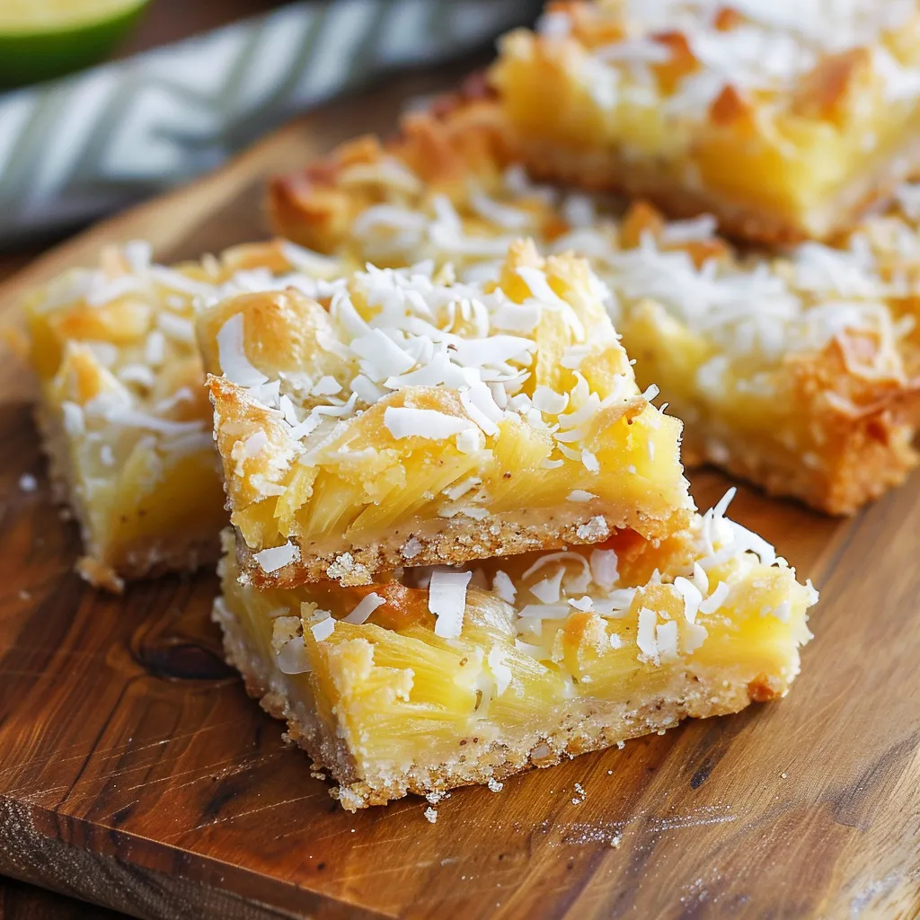 A wooden cutting board holding a slice of coconut dessert with pineapple.