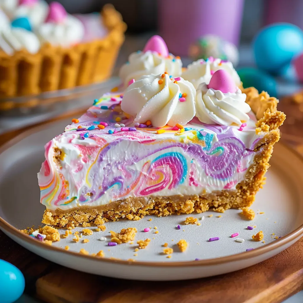 A slice of colorful pie with swirled pastel filling on a white plate.