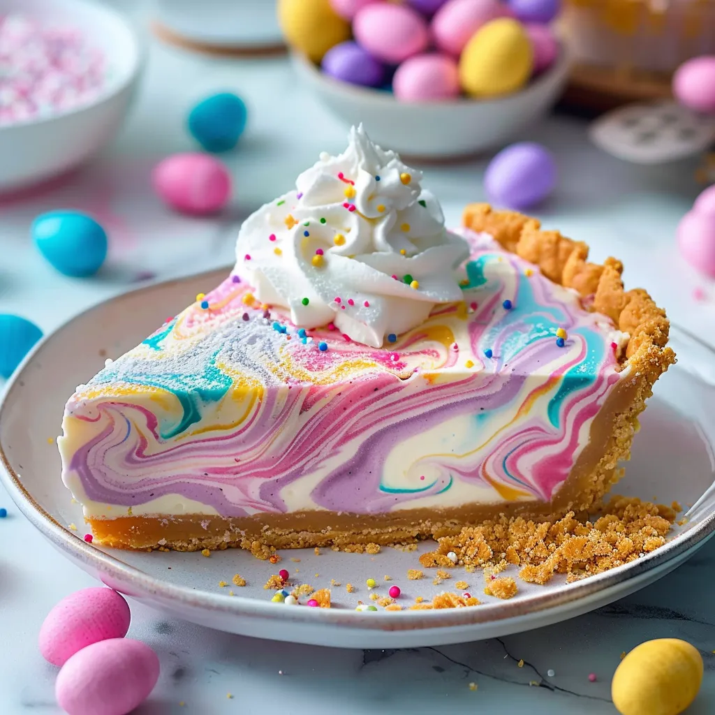 A piece of pie topped with fluffy cream and bright colored sprinkles.