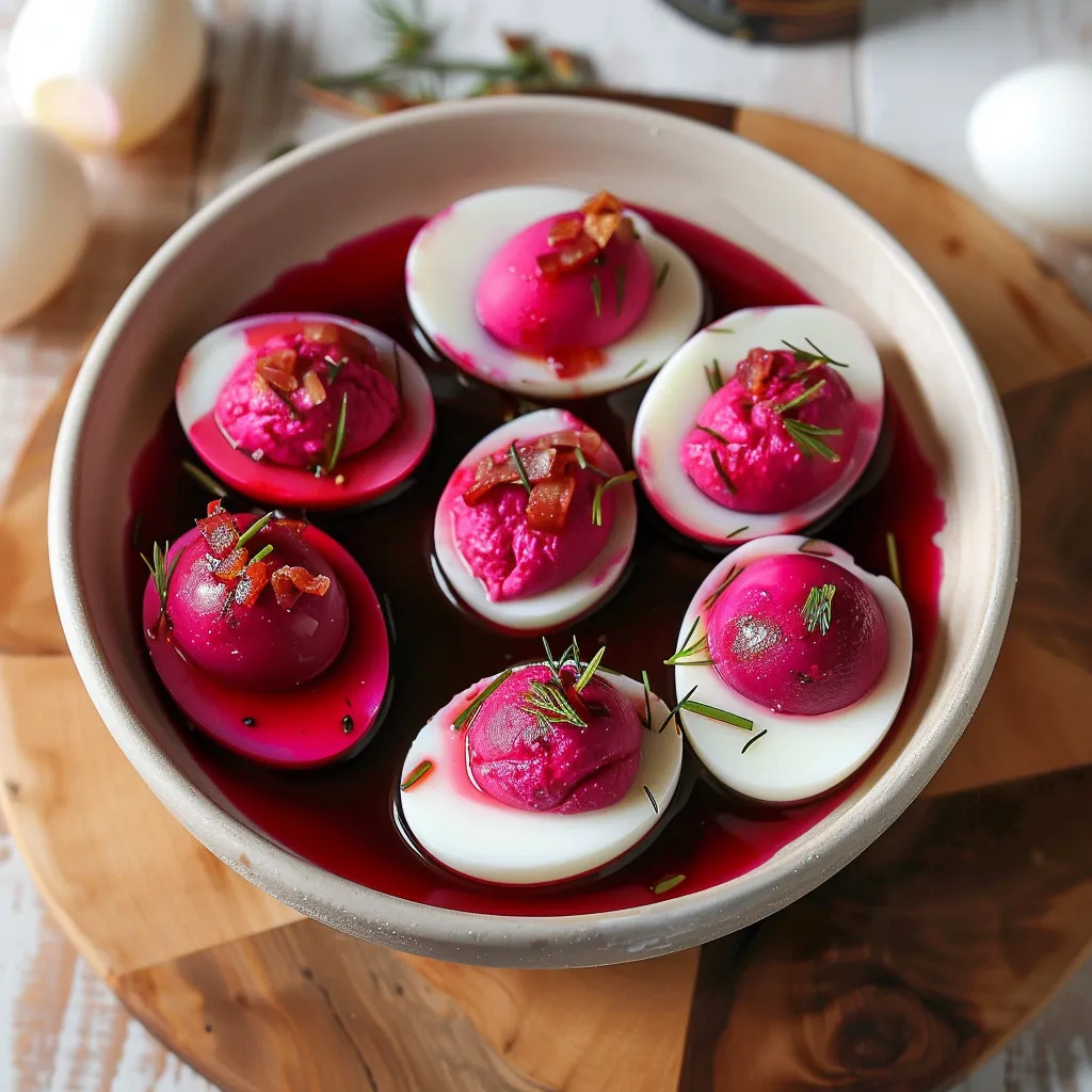A bowl of eggs with bacon and beets.