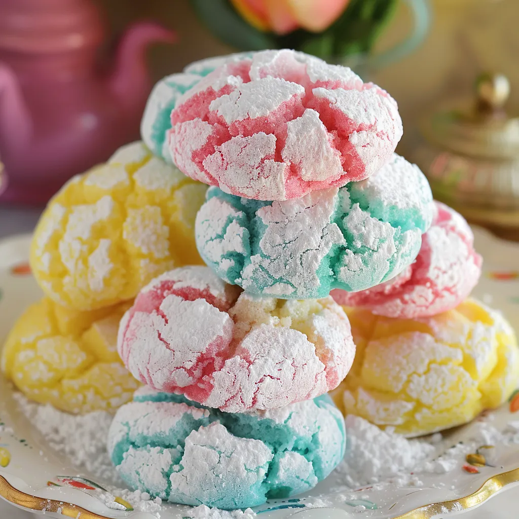 A plate full of colorful cookies with a teapot in the background.