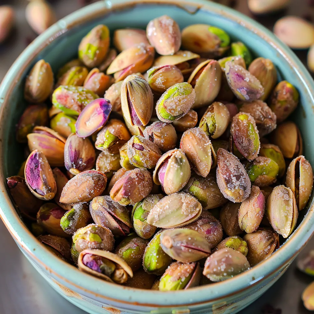 A bowl of almonds with a green rim.