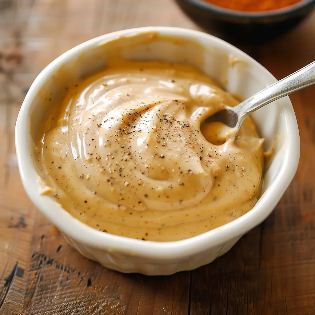A bowl of sauce with a spoon in it.