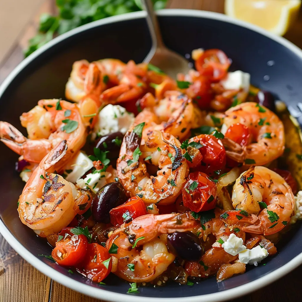 Shrimp and vegetables in a bowl on a wooden table.