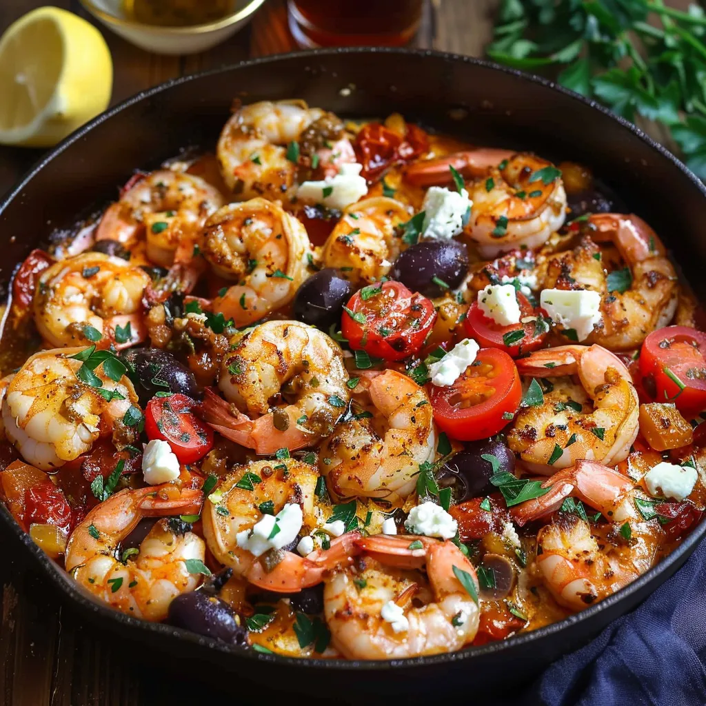 A large bowl of shrimp and tomatoes with a lemon wedge on the side.