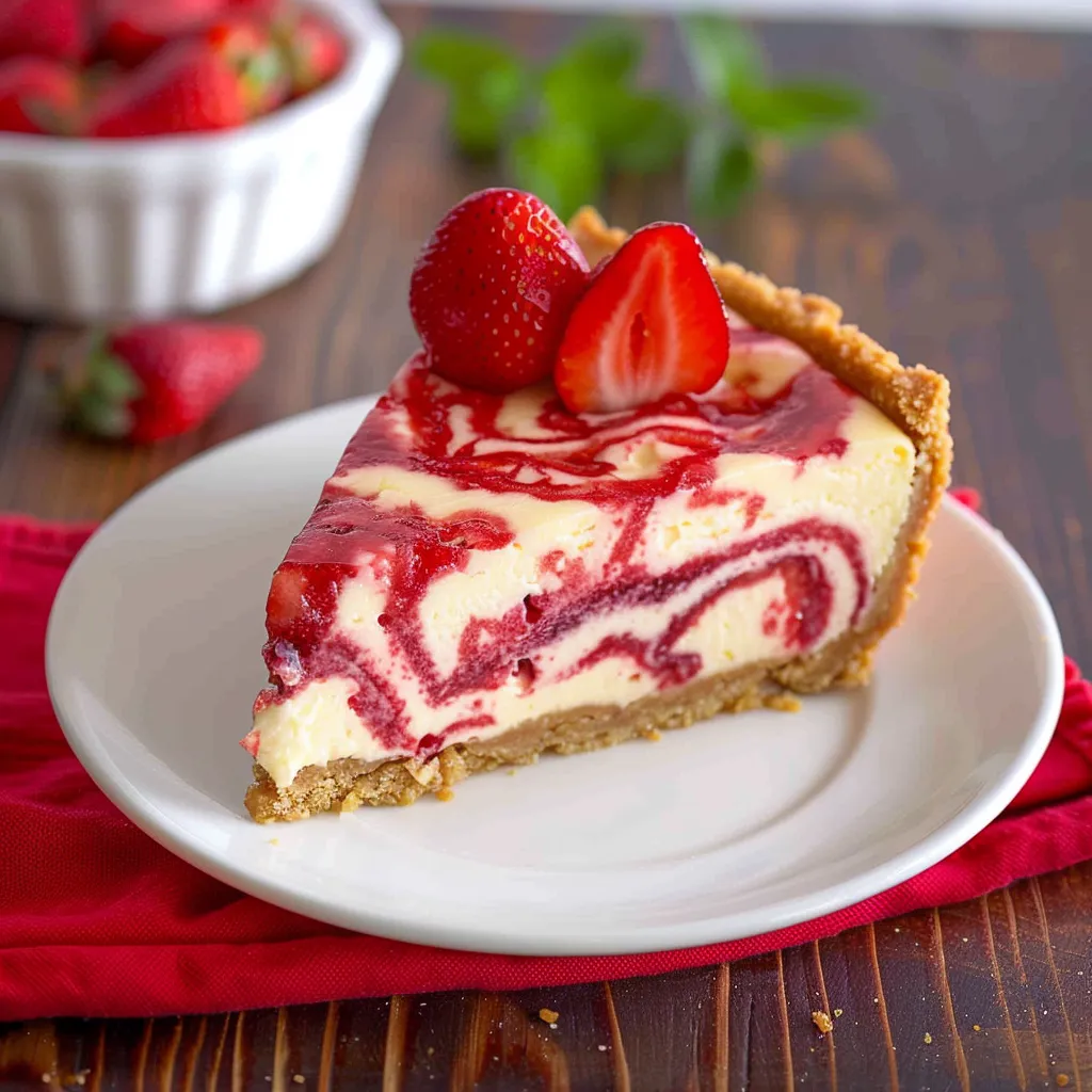 A slice of strawberry cheesecake with strawberries on top.