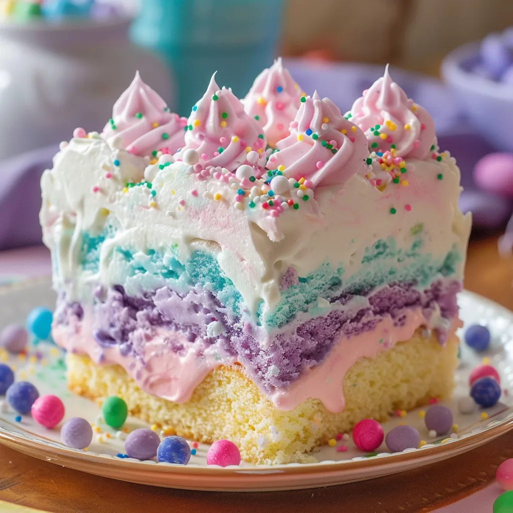 A cake with colorful frosting and sprinkles on a plate.