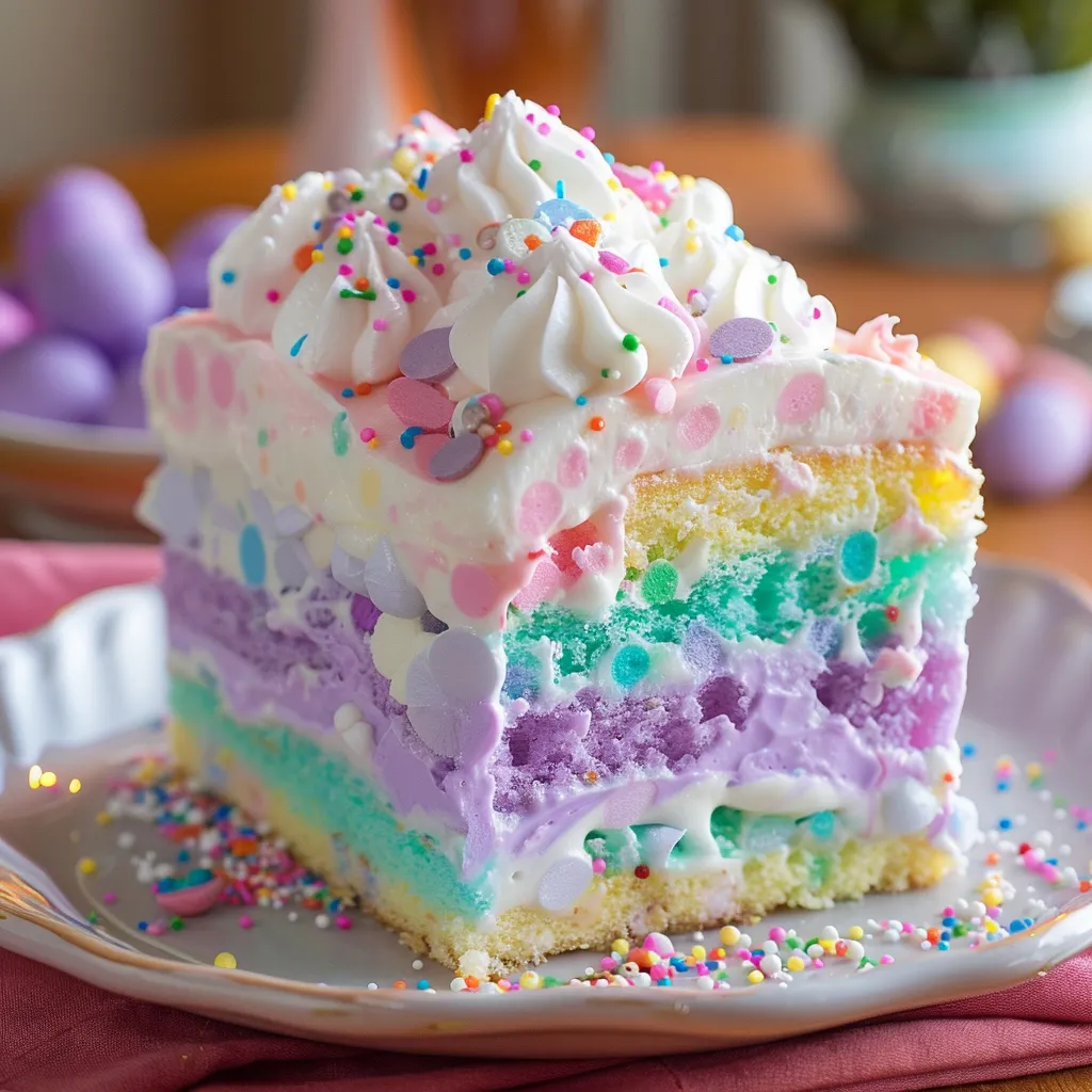 A slice of cake with rainbow colors and sprinkles on a plate.