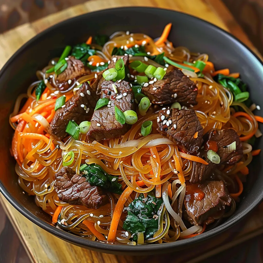 Chewy noodles with beef and veggies in a bowl.
