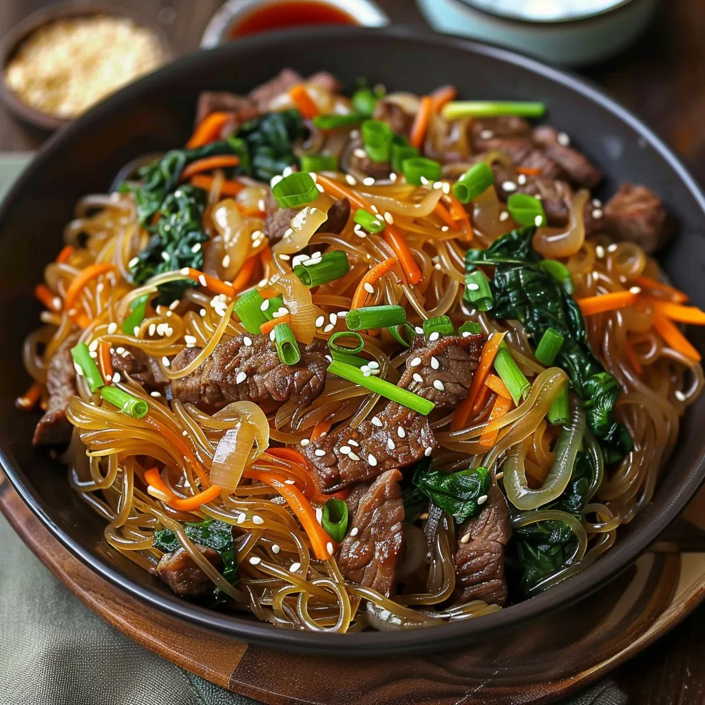 A full bowl of glossy noodles mixed with beef strips, bright carrots and sliced onions on a wooden surface.
