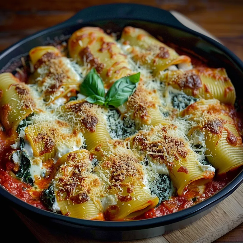 A bowl of pasta with cheese and spinach.