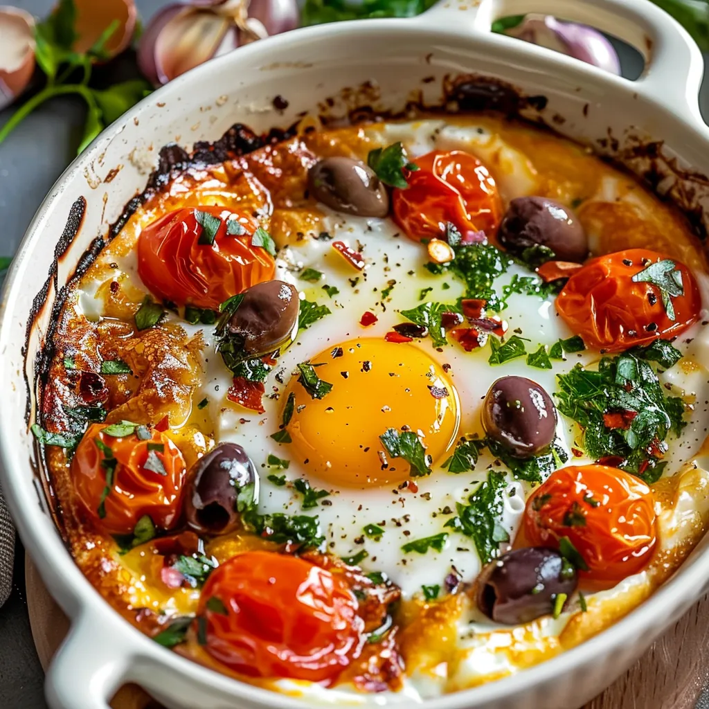 A delicious dish with tomatoes, olives, and a fried egg.