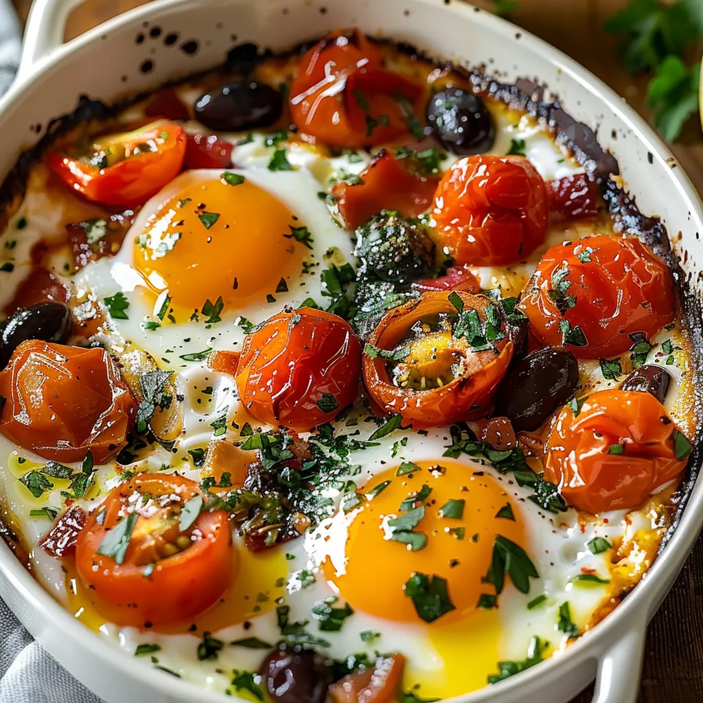 A white bowl filled with eggs, tomatoes, and olives.