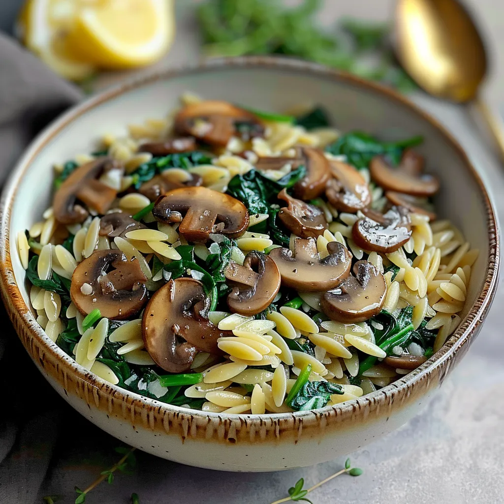 A bowl of pasta with mushrooms and spinach.