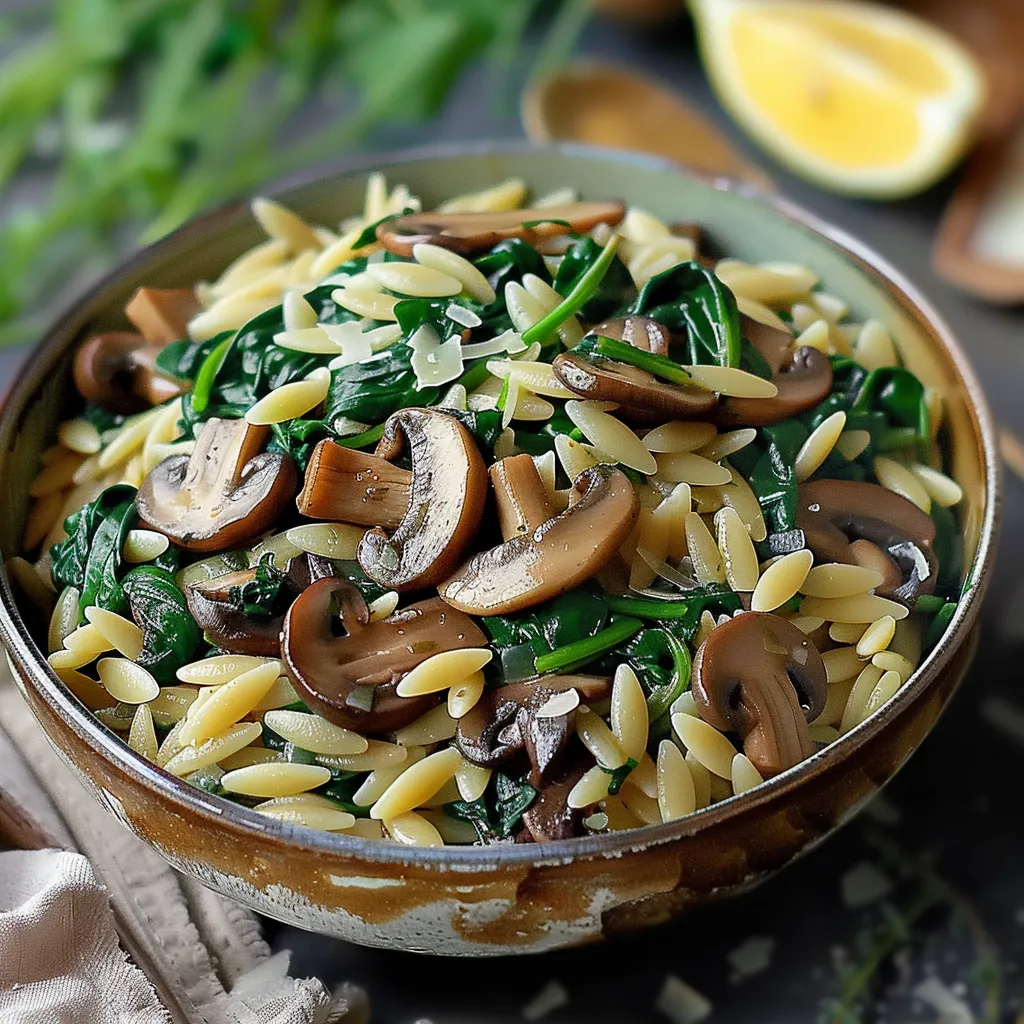 A bowl of pasta with mushrooms and spinach.