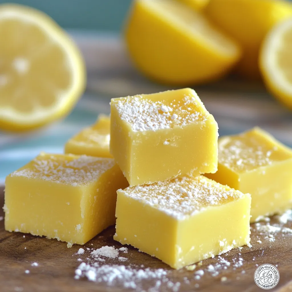 A wooden table with a plate of lemon squares and a lemon wedge.