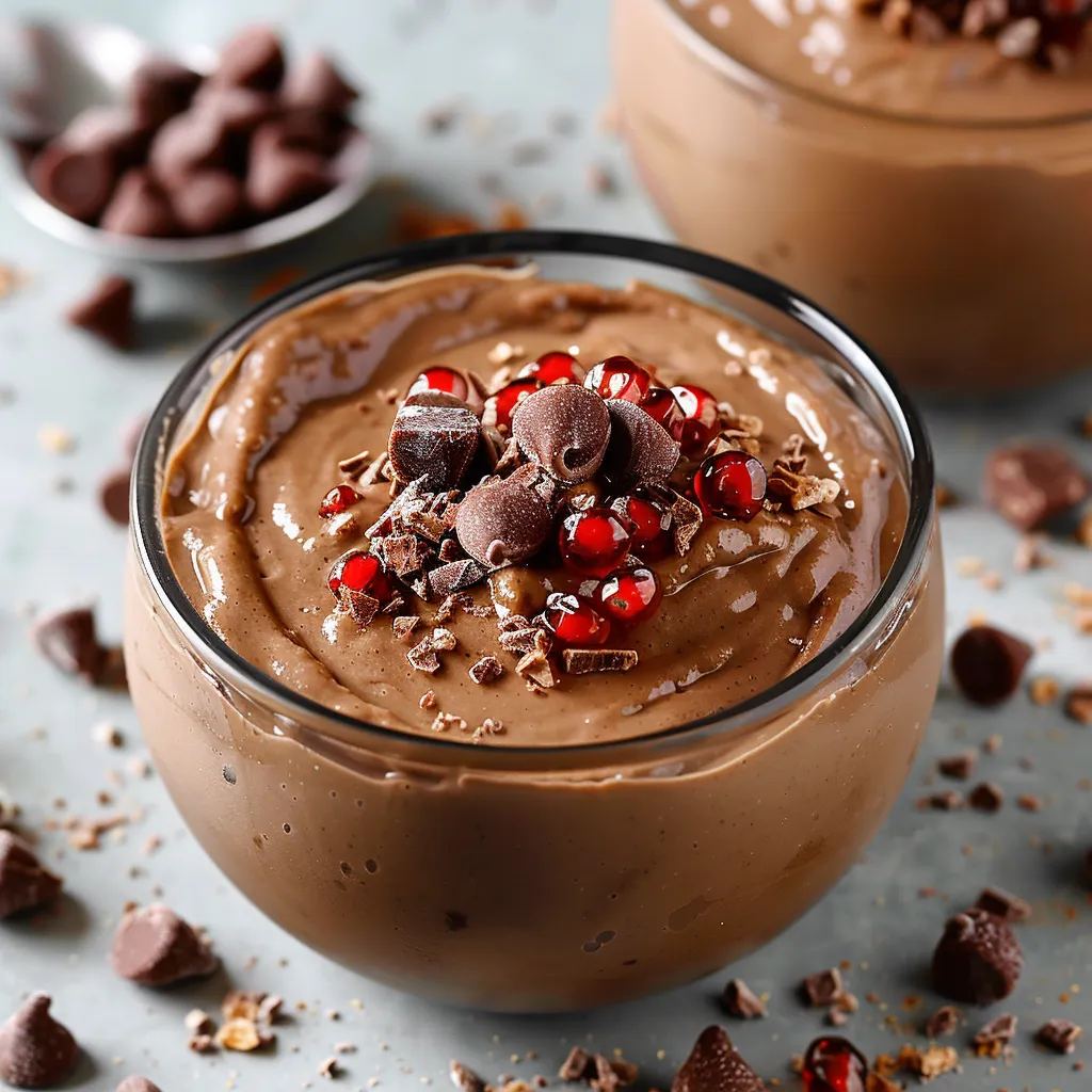A creamy glass of chocolate topped with chocolate chunks and fresh berries.