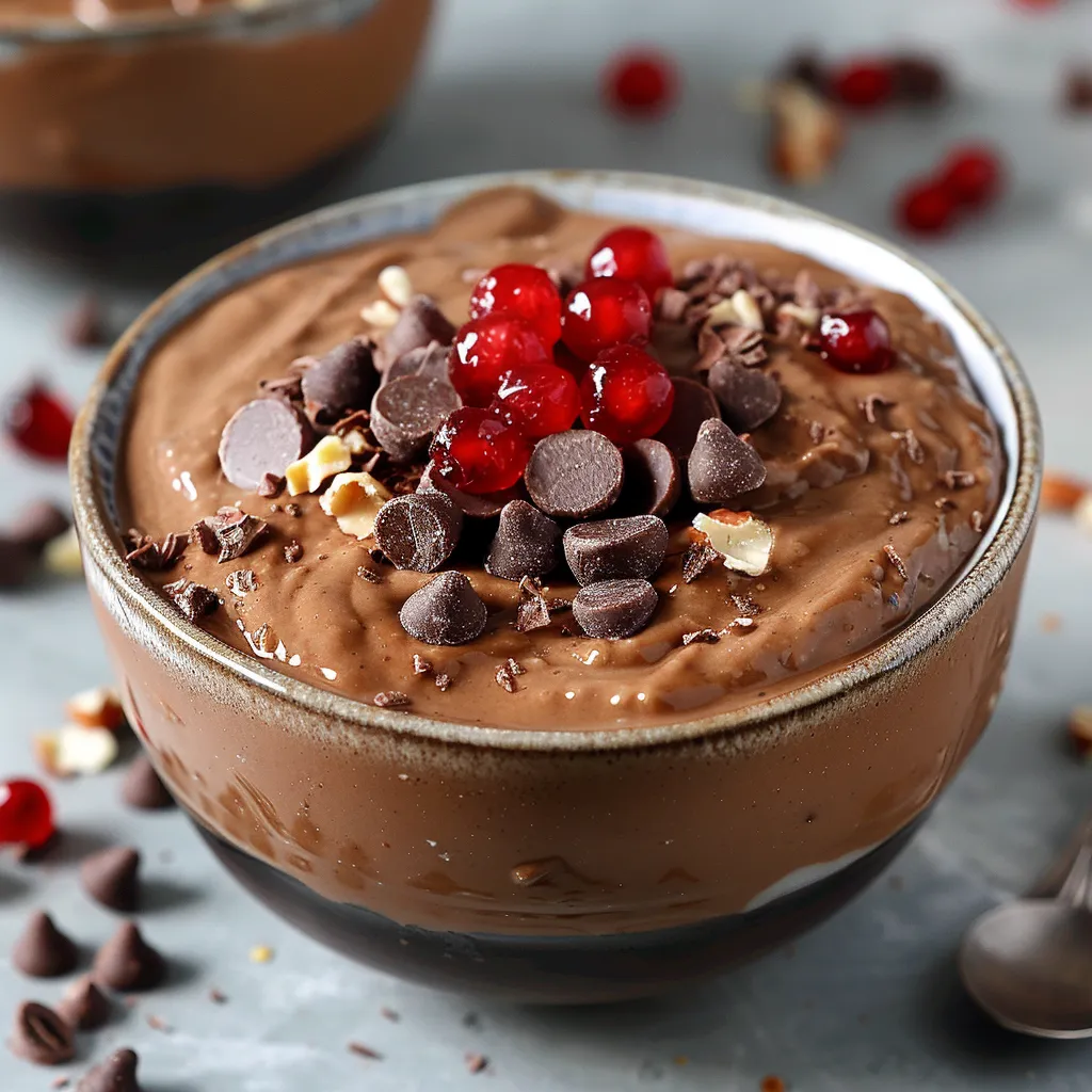 A bowl of chocolate ice cream with chocolate chips and cherries on top.