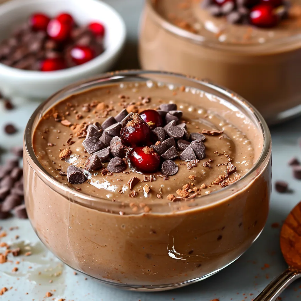 A bowl of chocolate with chocolate chips and red berries on top.