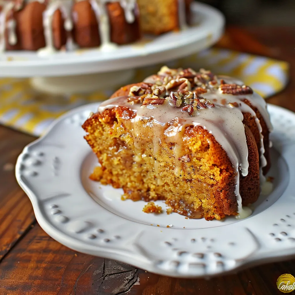 A slice of cake with a drizzle of caramel sauce on a white plate.
