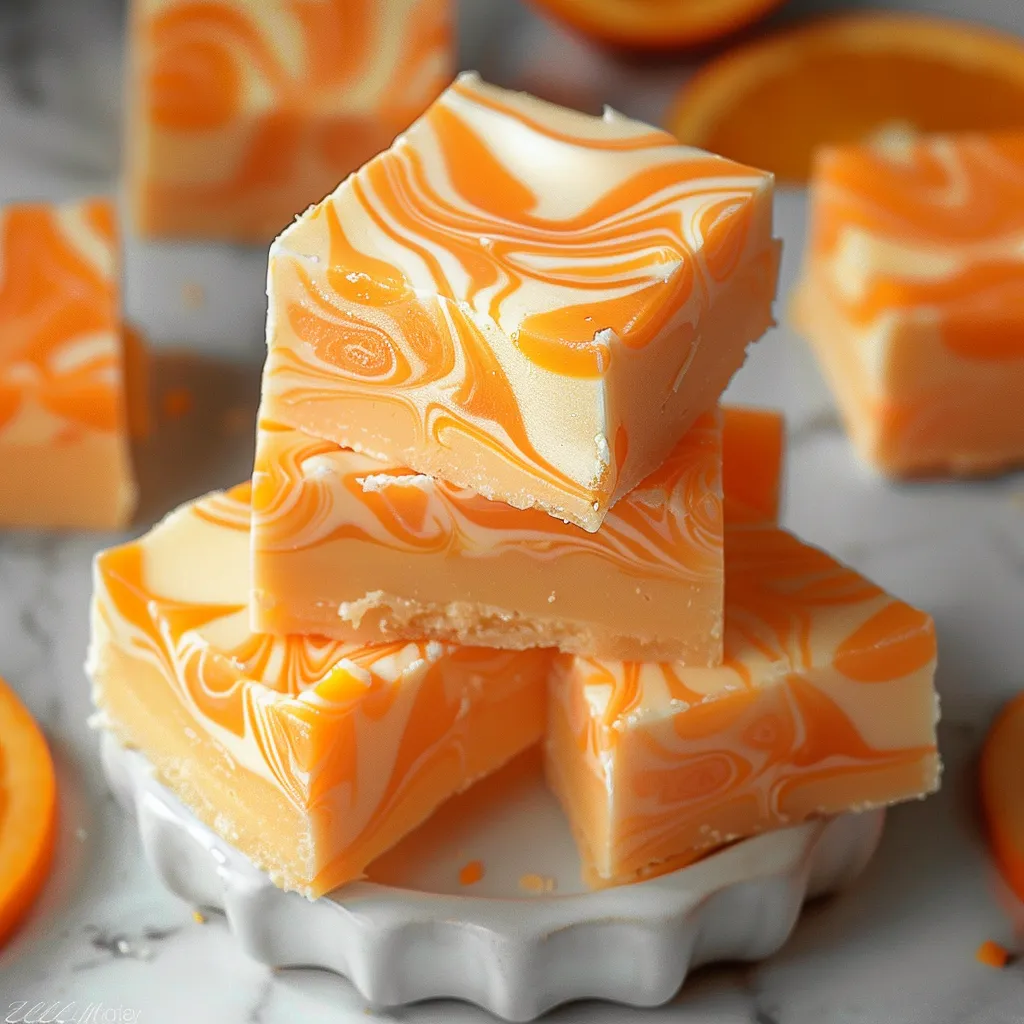 A stack of orange and white cake slices on a plate.