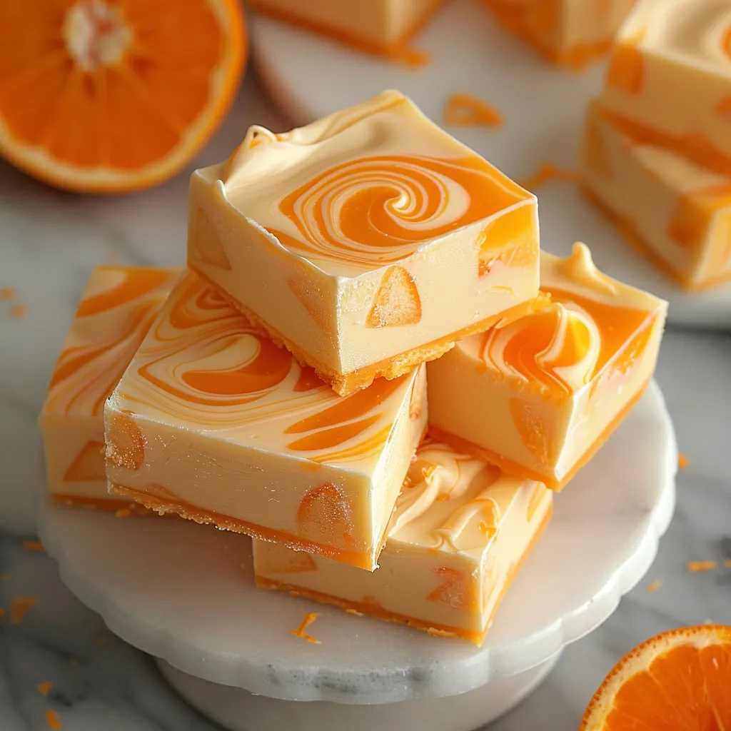 A stack of orange cake with orange slices on top.