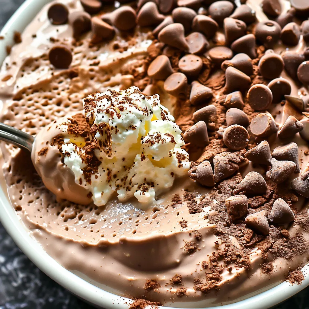 A bowl of creamy chocolate dessert topped with chocolate chips.