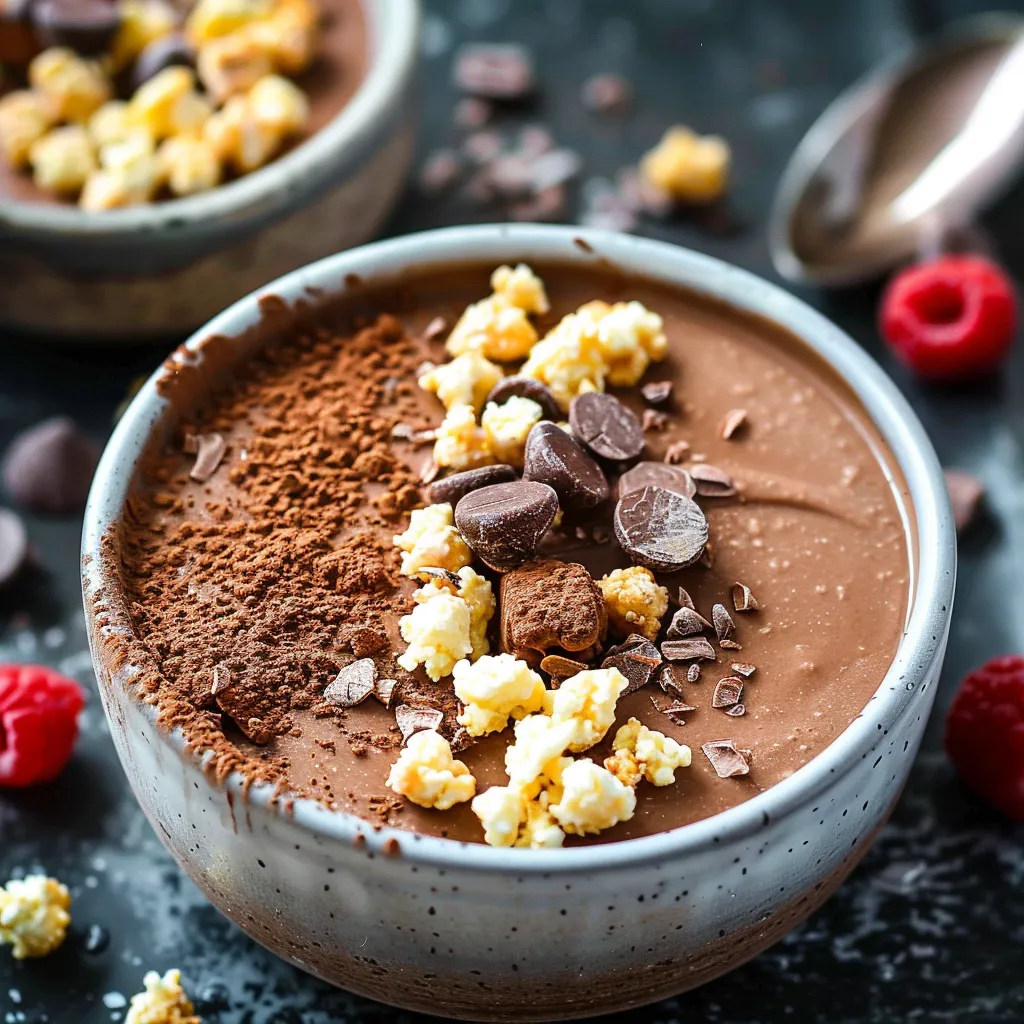 A bowl of chocolate ice cream with chocolate chips and popcorn on top.