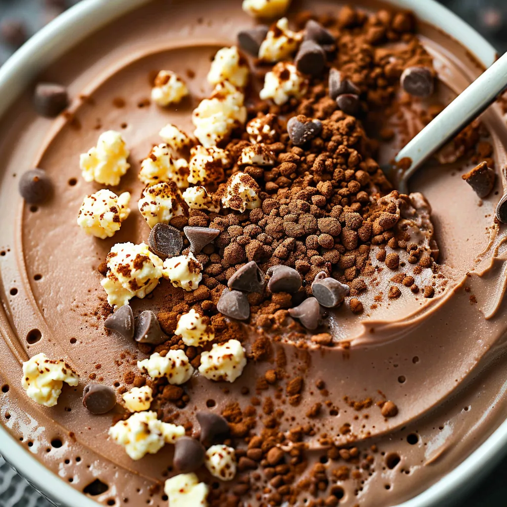 A bowl of chocolate ice cream with chocolate chips and marshmallows.
